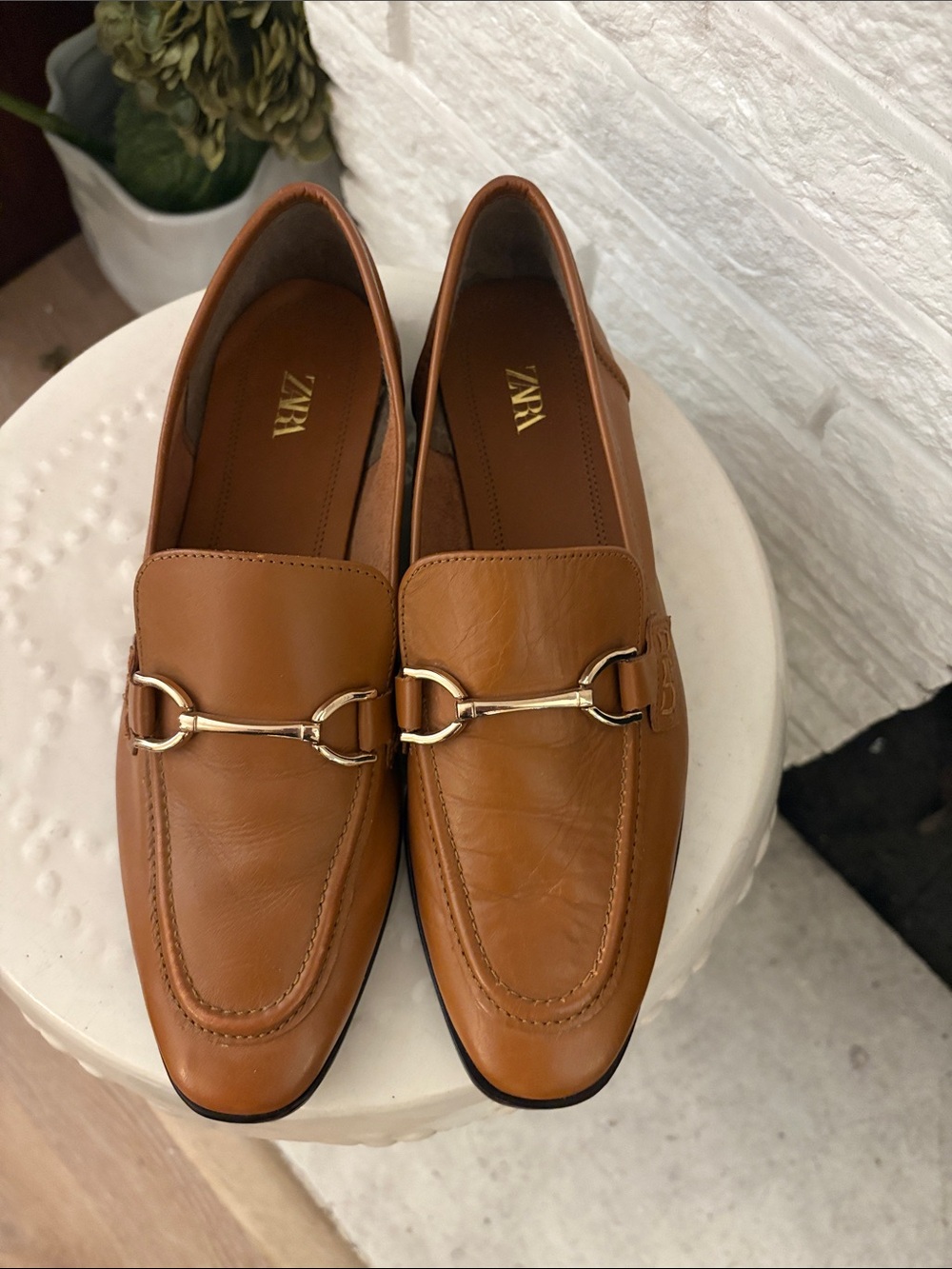 Zara Cognac Leather Loafers with Gold Horsebit